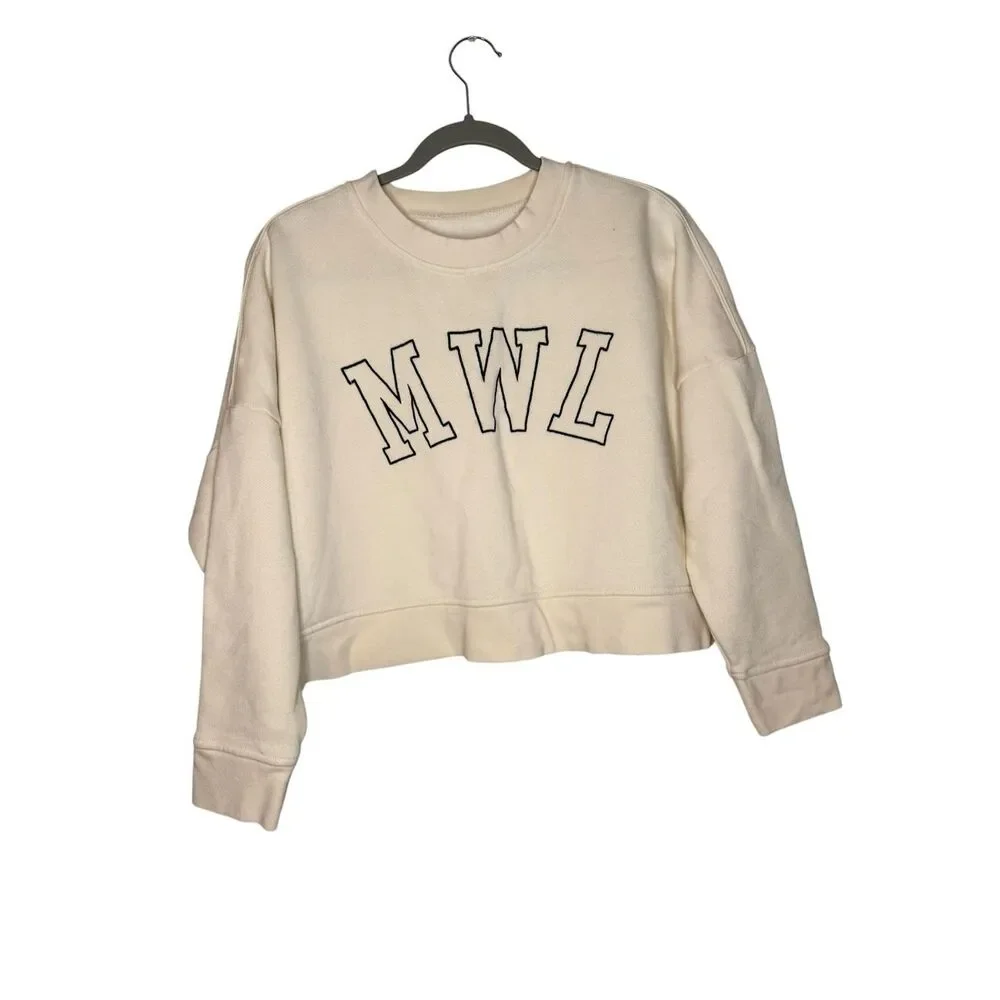 Madewell Betterterry‎ Embroidered Crop Sweatshirt in Antique Cream Size Medium
